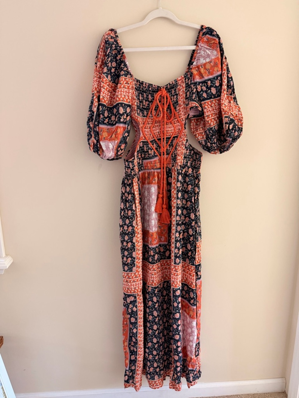 Bohemian Puff-Sleeve Maxi Dress with cutouts